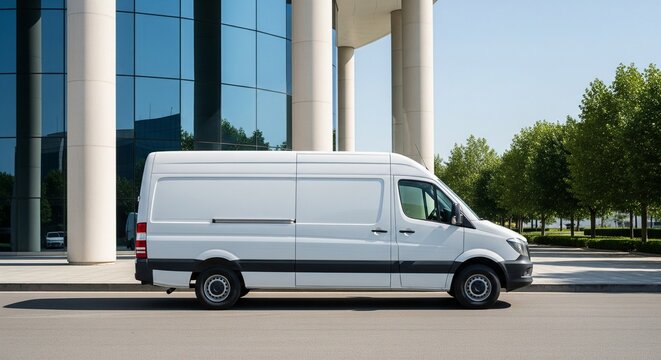 Modern white cargo van parked in front of a contemporary building with blue glass