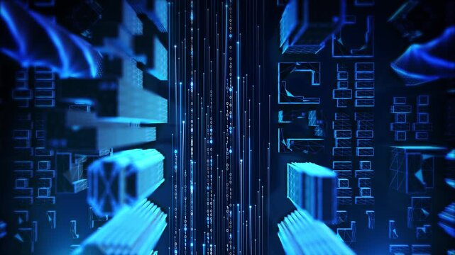 Futuristic binary streams and server blocks visualize machine learning, AI inference, network transmission, software logic, data encoding and advanced digital computing infrastructure.
