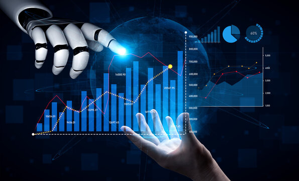 A captivating image depicting a robotic hand engaging with vibrant data visualizations, highlighting the intersection of technology and human collaboration in finance. Scalp