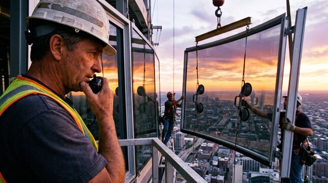 Construction worker coordinating skyscraper glass installation at sunset.