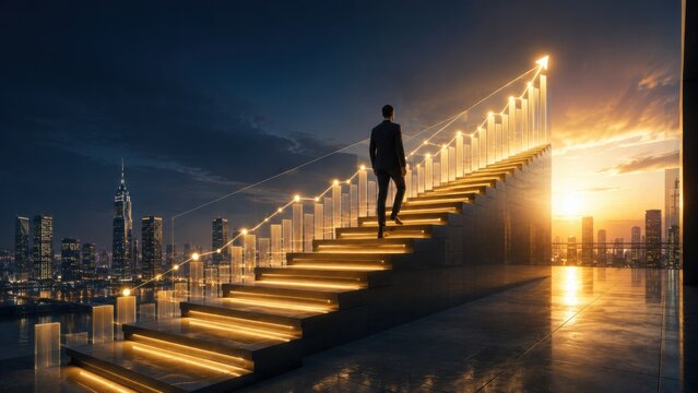 Male executive climbing glowing staircase formed by bar charts toward sunset for career goals.