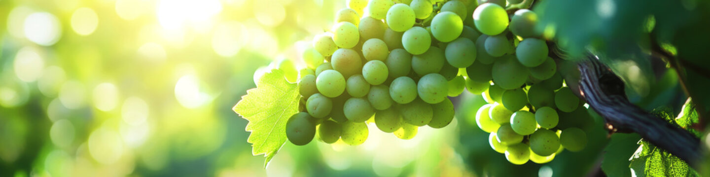 Lush Green Grapes Hanging from a Vineyard at Sunrise