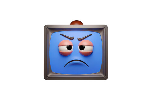 Angry blue square face icon with frown isolated on transparent background