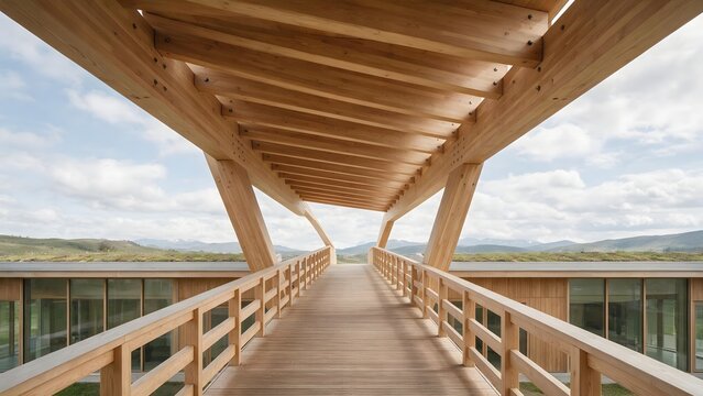 Cantilevered mass timber pedestrian bridge connecting two building wings. Architecture design concept