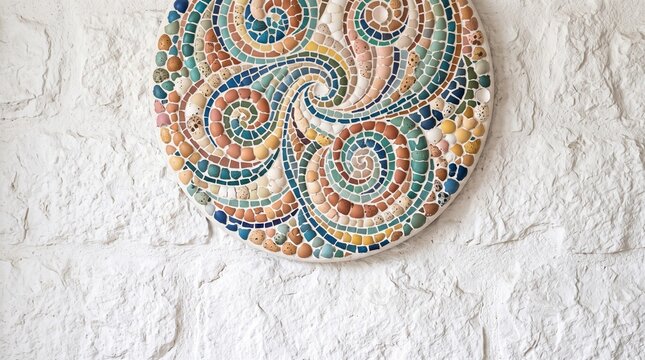 Circular mosaic wall ornament crafted from dyed eggshells displayed against textured white stone surface with fragments arranged intricate intricate swirling patterns