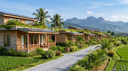 Fototapeta premium Wide-angle view of contemporary eco-villas made of timber and bamboo surrounded by vibrant green rice terraces and a dramatic mountain range during golden hour