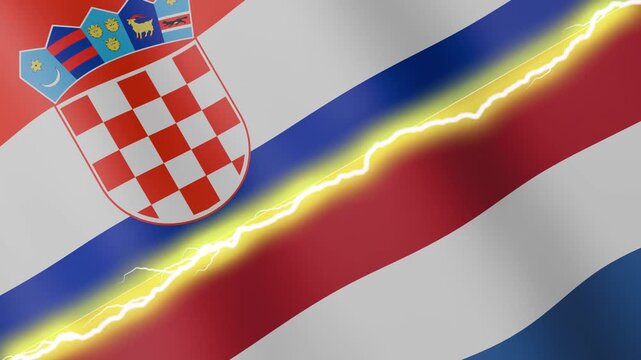 Two waving flags Croatia and Netherlands with diagonal lightning seamless, 4k loop