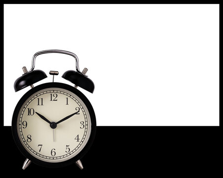 Black alarm clock mockup banner on white and black background