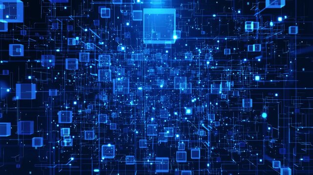 Abstract connected cubes form a dynamic digital network representing distributed computing, automation, data integration, scalable systems, research, simulation and advanced enterprise technology.