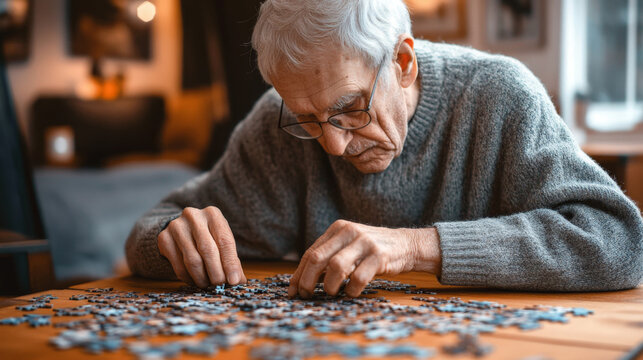 Elderly Person Assembling a Puzzle for Mental Stimulation
