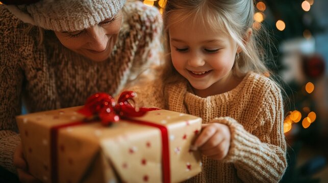 Joyful child receiving a beautifully wrapped Christmas gift, her face lit up with excitement as an adult looks on, surrounded by warm holiday lights.