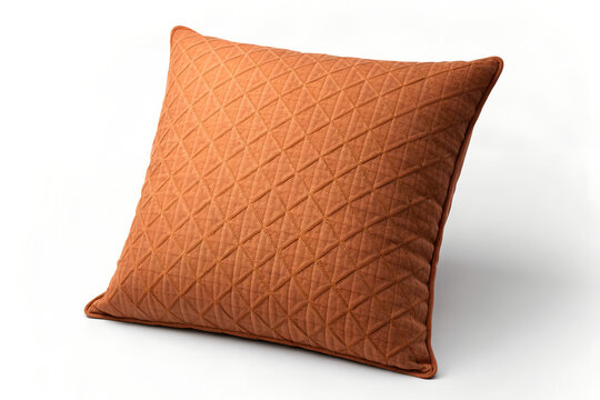 Square rust colored decorative pillow with textured fabric for home decor accent isolated on transparent png.