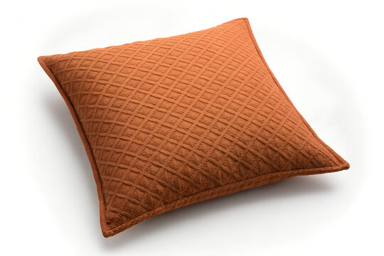 Square rust colored decorative pillow with textured fabric for home decor accent isolated on transparent png.