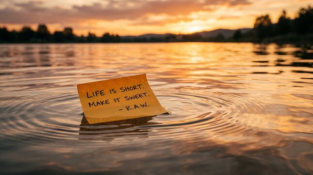 Yellow message note floating on water surface at sunset