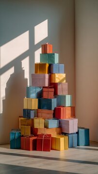Colorful stacked gift boxes creating a festive pyramid of wrapped presents in soft pastel and vibrant hues, casting elegant geometric shadows on a neutral wall