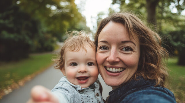 Smiling Mother and Baby Taking a Selfie Outdoors in Nature