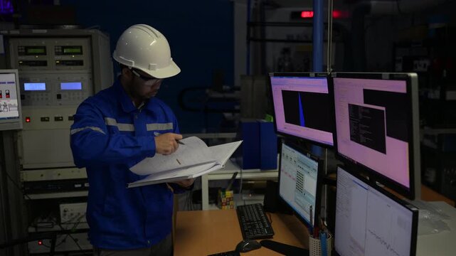 Inside the large Industry Factory male Computer Engineer Works on Personal Computer She coding program for control machine,Thailand people work on fours monitors,Programmer working with serious