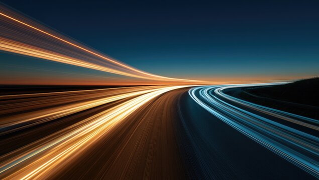 Streaks of light from moving vehicles blur into a dynamic highway at dusk
