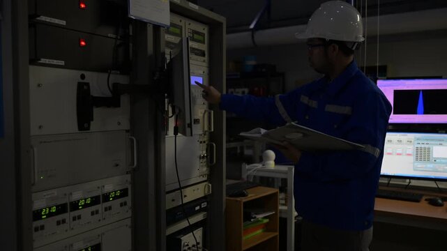 Professional engineer monitoring industrial automation system on digital screen in high-tech factory control room. Concept of smart manufacturing, technical data analysis, and modern engineering.