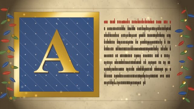 Illuminated medieval manuscript page, gold initial letter shimmering by candlelight, seamless loop