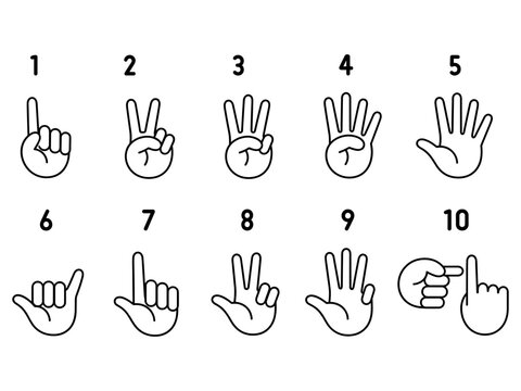 Counting hands gesture vector set from one to ten numbers outline style