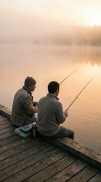 Two men fishing together on a wooden dock at misty sunrise. Quiet bonding moment supporting men's mental health and relaxation. Great for wellness and lifestyle campaigns.