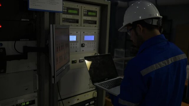 Professional engineer monitoring industrial automation system on digital screen in high-tech factory control room. Concept of smart manufacturing, technical data analysis, and modern engineering.