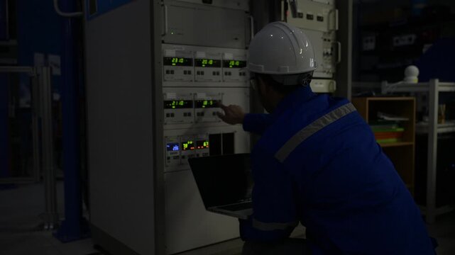 Professional engineer monitoring industrial automation system on digital screen in high-tech factory control room. Concept of smart manufacturing, technical data analysis, and modern engineering.