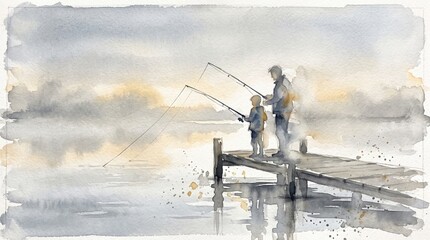 Fototapeta premium Watercolor painting of a father and son fishing from a pier. Peaceful bonding moment illustrating mindfulness and men's mental health support. Suitable for wellness and family therapy concepts.