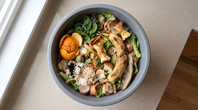 Household food waste in a kitchen bin for composting and organic recycling