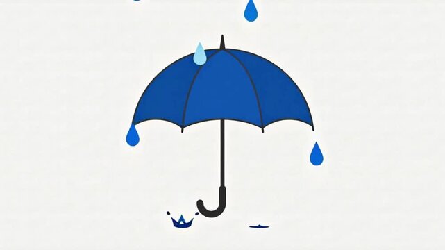Blue umbrella animation with falling raindrops on white background