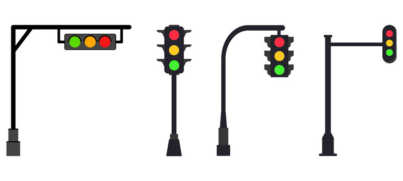 Set of four distinct traffic signal light designs with flat vector icons and isolated transparent background for urban transportation planning and road infrastructure graphic design elements