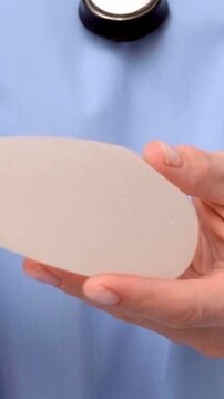 A doctor gently pressing a silicone breast implant between hands, demonstrating flexibility, healthcare marketing,  tactile demonstration, implant resilience, medical consultation.
