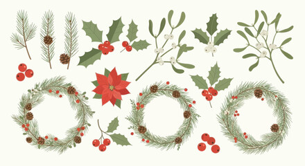 Naklejka premium Christmas holiday botanical elements and wreaths collection