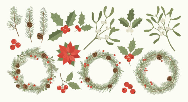 Christmas holiday botanical elements and wreaths collection