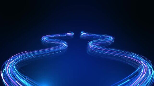 Glowing optical lines curve through dark blue space to visualize telecommunications, high-speed networking, bandwidth, data transport and modern fiber infrastructure in a clean motion background.
