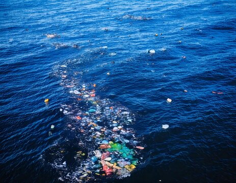 Massive Plastic Pollution Floating in Deep Blue Ocean Water