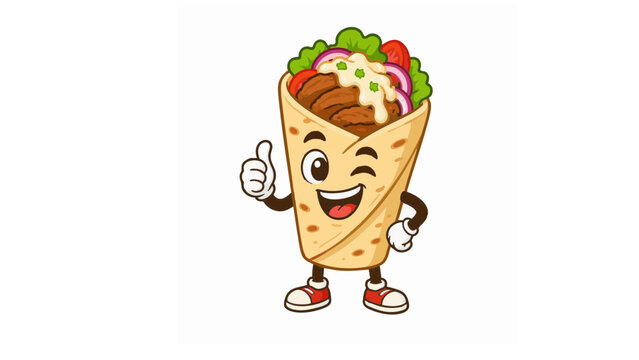 Cute cartoon shawarma character showing thumbs up vector illustration, funny doner kebab mascot for street food logo design