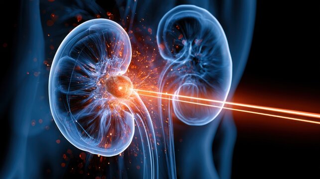 3 d rendering of kidney stone being treated with laser lithotripsy and shockwaves