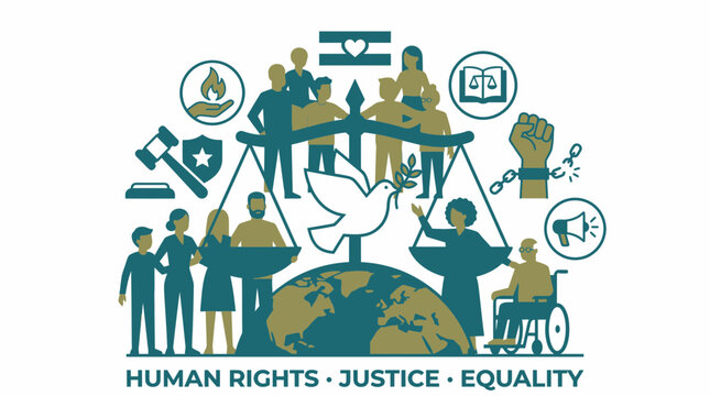 Graphic illustration representing human rights justice and equality with diverse people and symbols.