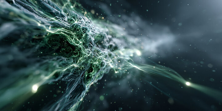Extreme macro cinematic shot of glowing bioluminescent green filaments and energy nodes, representing a neural network, digital data flow, or organic cellular connection.