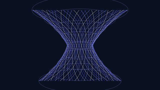 Abstract parametric cooling tower structure with glowing blue wireframe digital design.