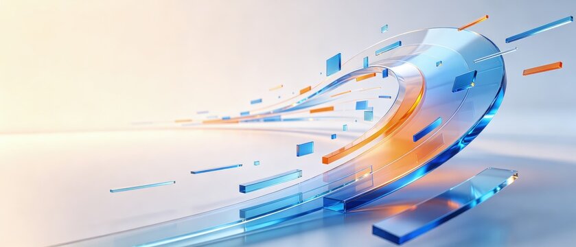 Abstract transparent blue and orange glass waves flowing through futuristic digital space, idea for data transfer, network technology and innovation banner
