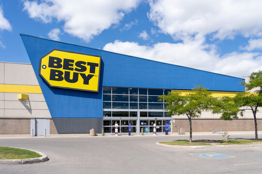 Toronto, ON, Canada - August 17, 2026: The exterior storefront of a Best Buy consumer electronics retail store in Toronto, ON, Canada. Best Buy is an American multinational consumer electronics retail