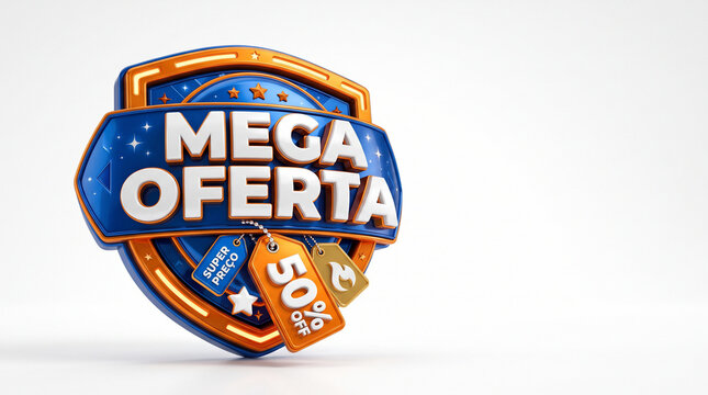 Mega Offer Emblem: A striking emblem with MEGA OFERTA emblazoned across it, featuring a golden 50% discount tag, signifies a grand sale event.
