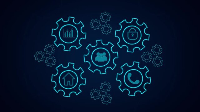 Cyan glowing gear icons display interconnected technology network symbols. High tech innovation operates across each gear icon. Smart industrial progress drives every gear icon.