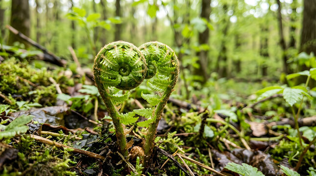  "Close-up of a fiddlehead fern unfurling in the spring forest, spiral shape, delicate green color, new life and growth concept."