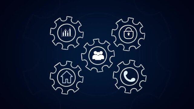 Five white gear icons showcase modern business and communication symbols. Smart mechanical automation links each gear icon. Corporate strategy aligns with every gear icon.