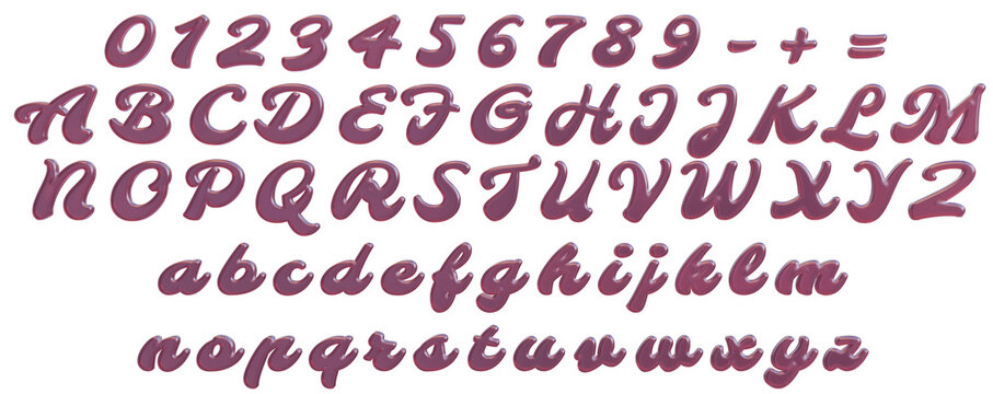 3D Glossy Purple Script Alphabet on Transparent Background &mdash; Jelly Slime Italic Font with Uppercase, Lowercase, Numbers and Symbols