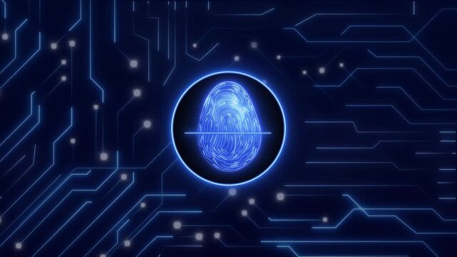 Digital fingerprint scan interface tracks across glowing blue circuit lines. Modern biometric security runs this fingerprint scan. Advanced cyber identification verifies the fingerprint scan.